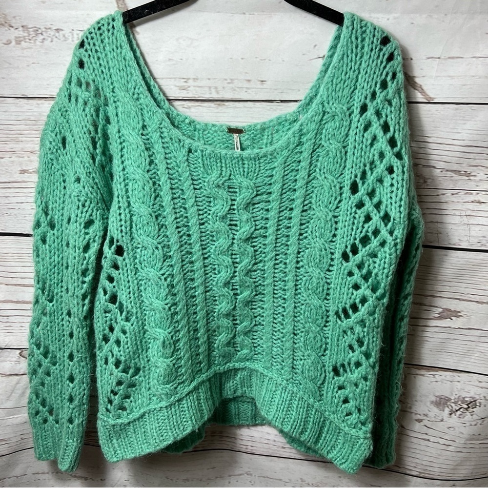 Free People Mint Green Chunky Open Cable Knit Sweater - Picture 3 of 8